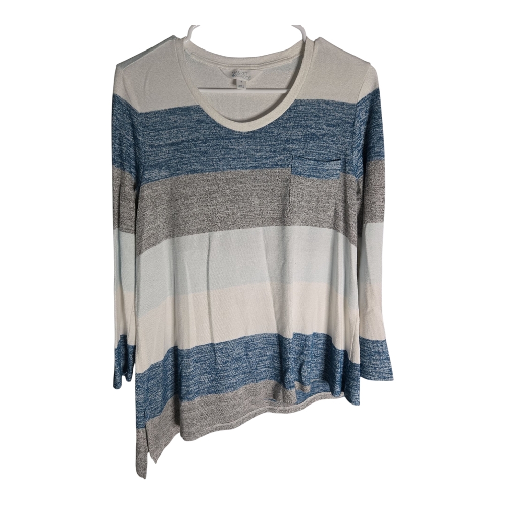 Market & Spruce Blue and Gray Asymmetrical Long Sleeve Blouse